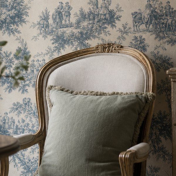 Historic French wallpaper on British interior wall — detail