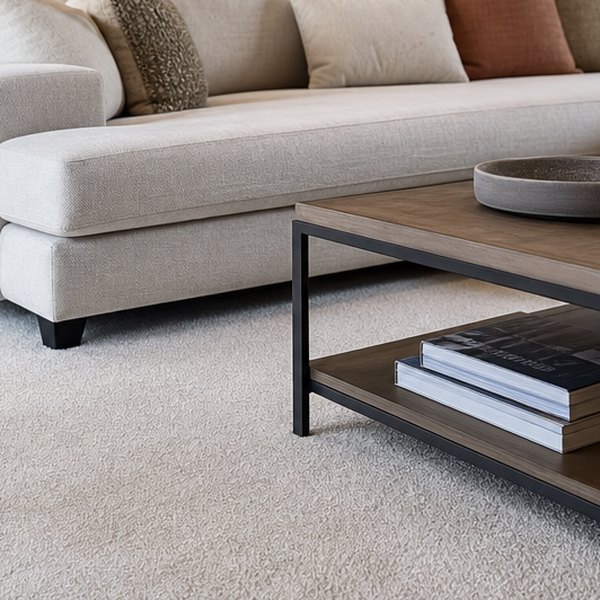 Insurance adjuster sitting on living room couch — detail