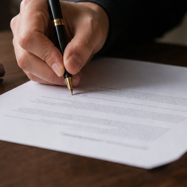 Person signing important legal document with pen — detail
