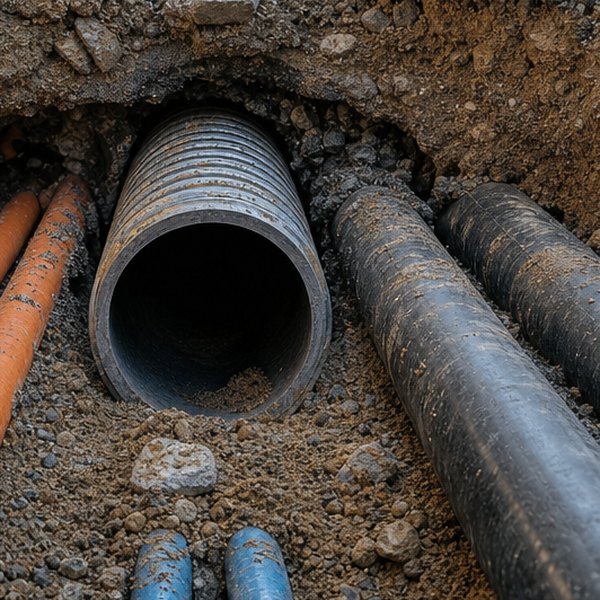 Underground utility pipes beneath street surface — detail