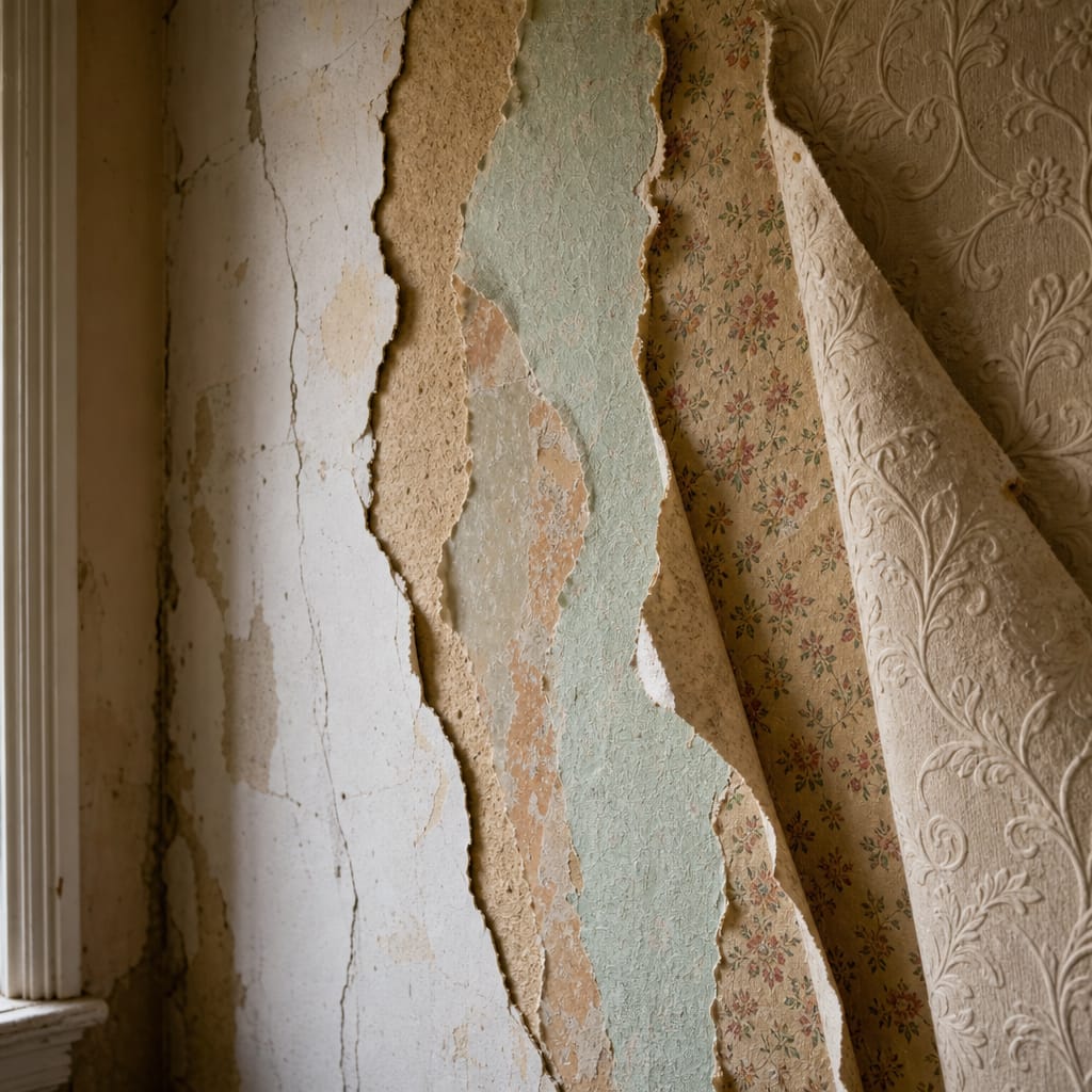 Layers of old wallpaper peeling back from a cracked plaster wall, showing an embossed white paper over floral and green papers beneath
