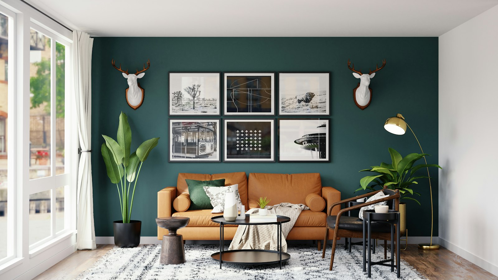 Tan leather sofa in front of a dark teal-green painted wall hung with six framed black and white prints, next to tall windows with white curtains