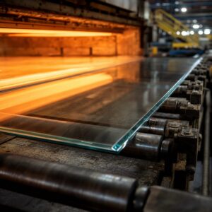 Glass window pane in liquid tin