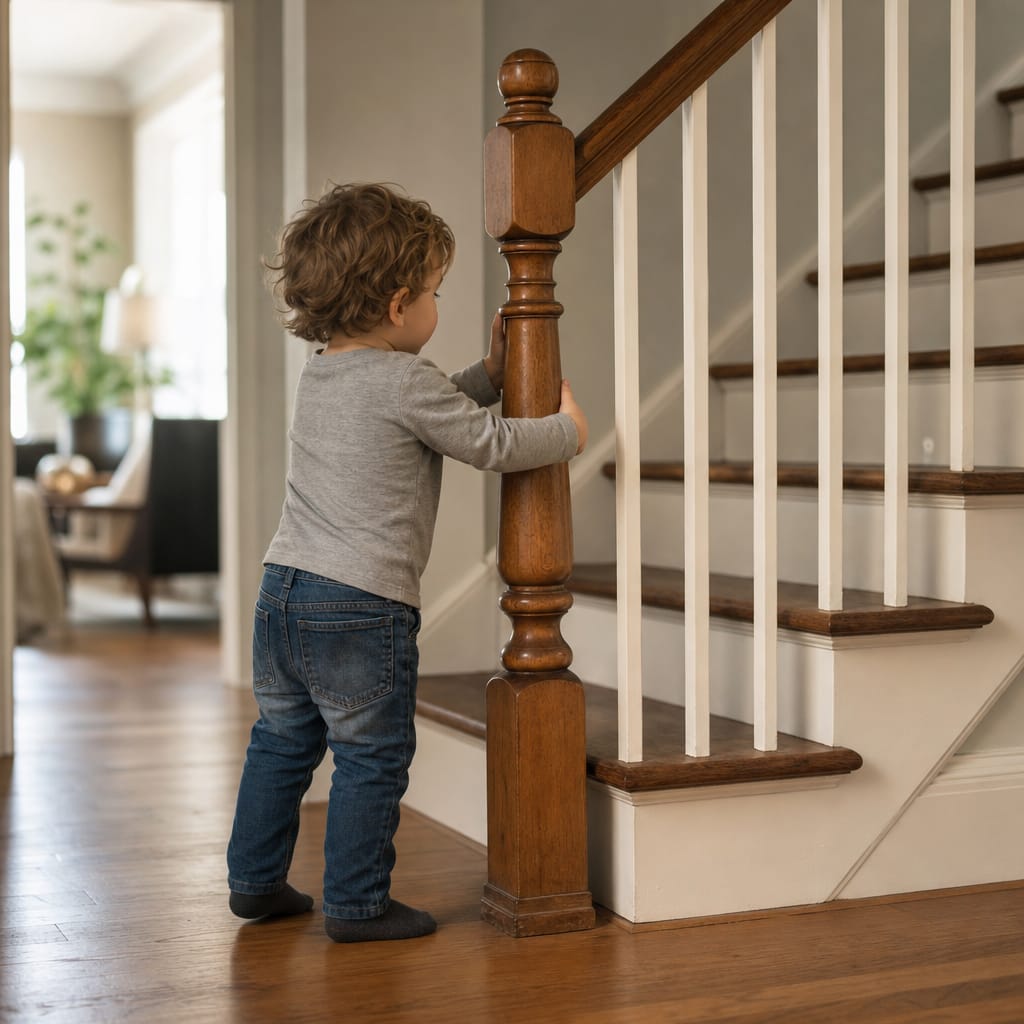 Young child examining house with magnifying glass