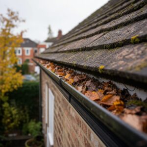 Person struggling with rain gutter installation