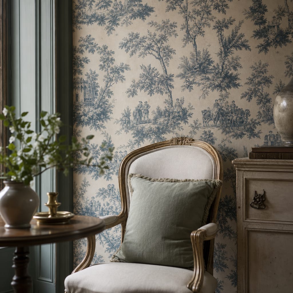 Historic French wallpaper on British interior wall