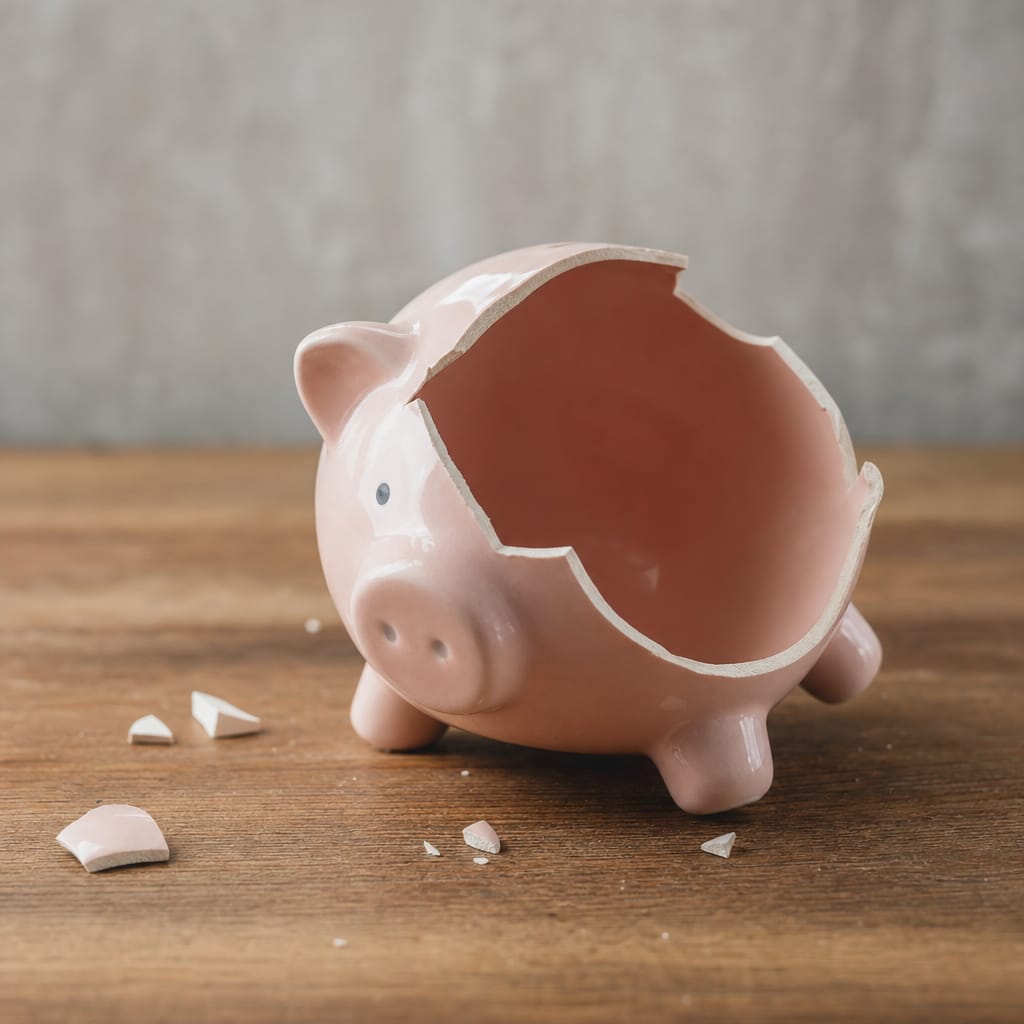 Empty piggy bank symbolizing depleted savings
