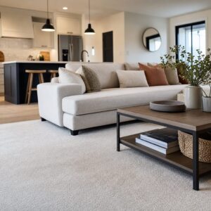 Insurance adjuster sitting on living room couch
