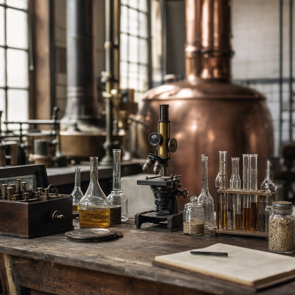 Old laboratory bench with glassware, test tubes and a brass microscope in front of a large copper vessel