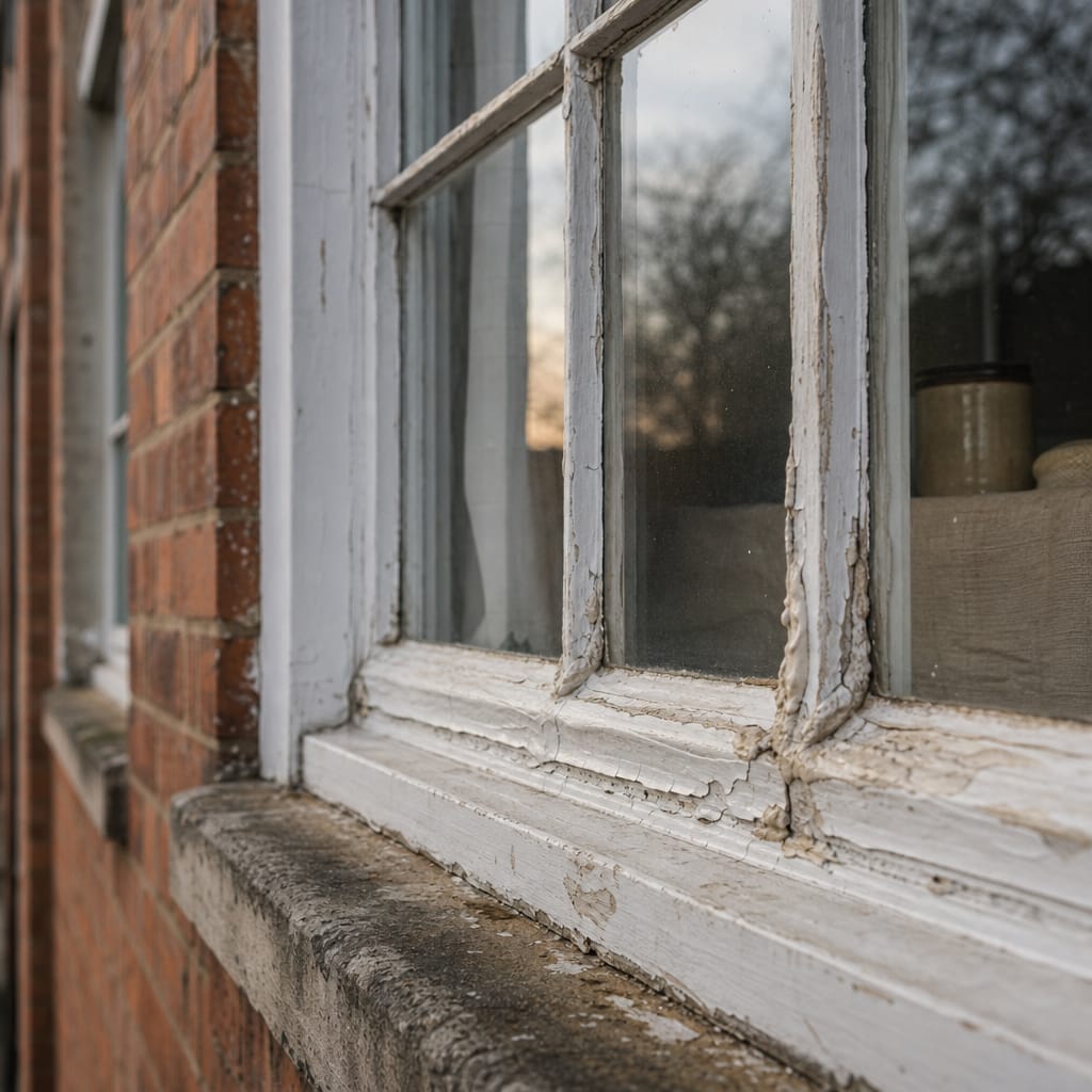 Historic window putty or glazing compound close-up