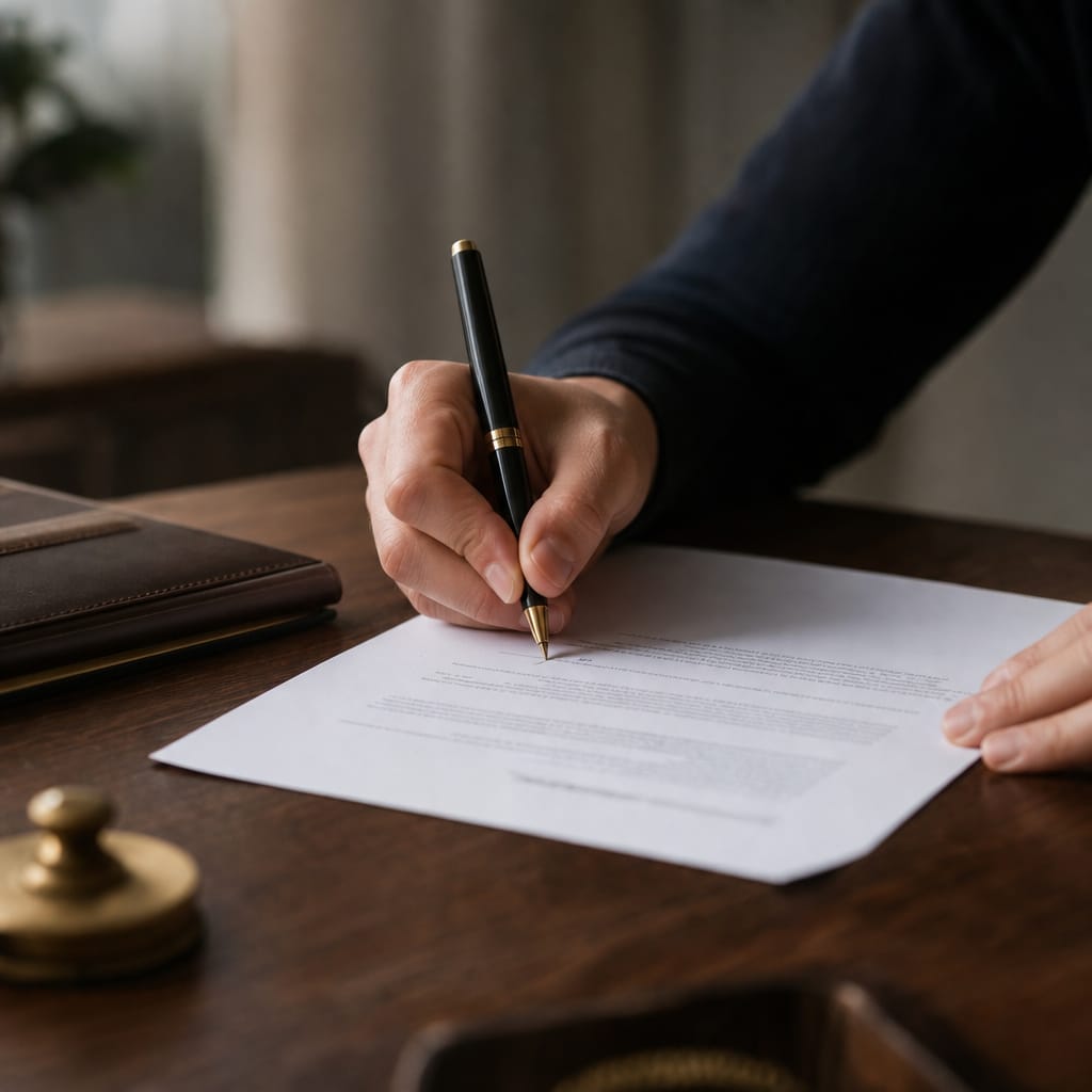Person signing important legal document with pen