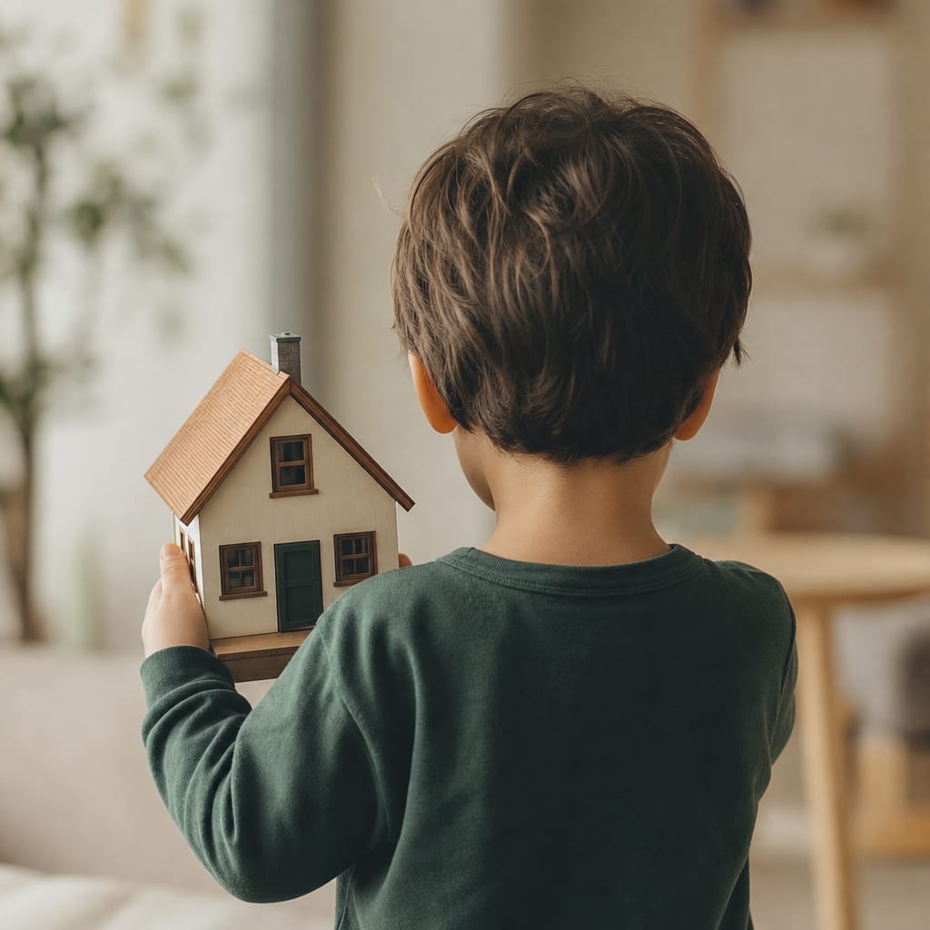 Young child holding toy house model