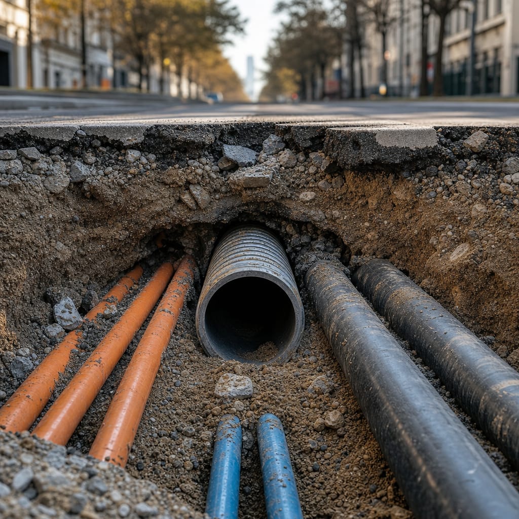 Underground utility pipes beneath street surface