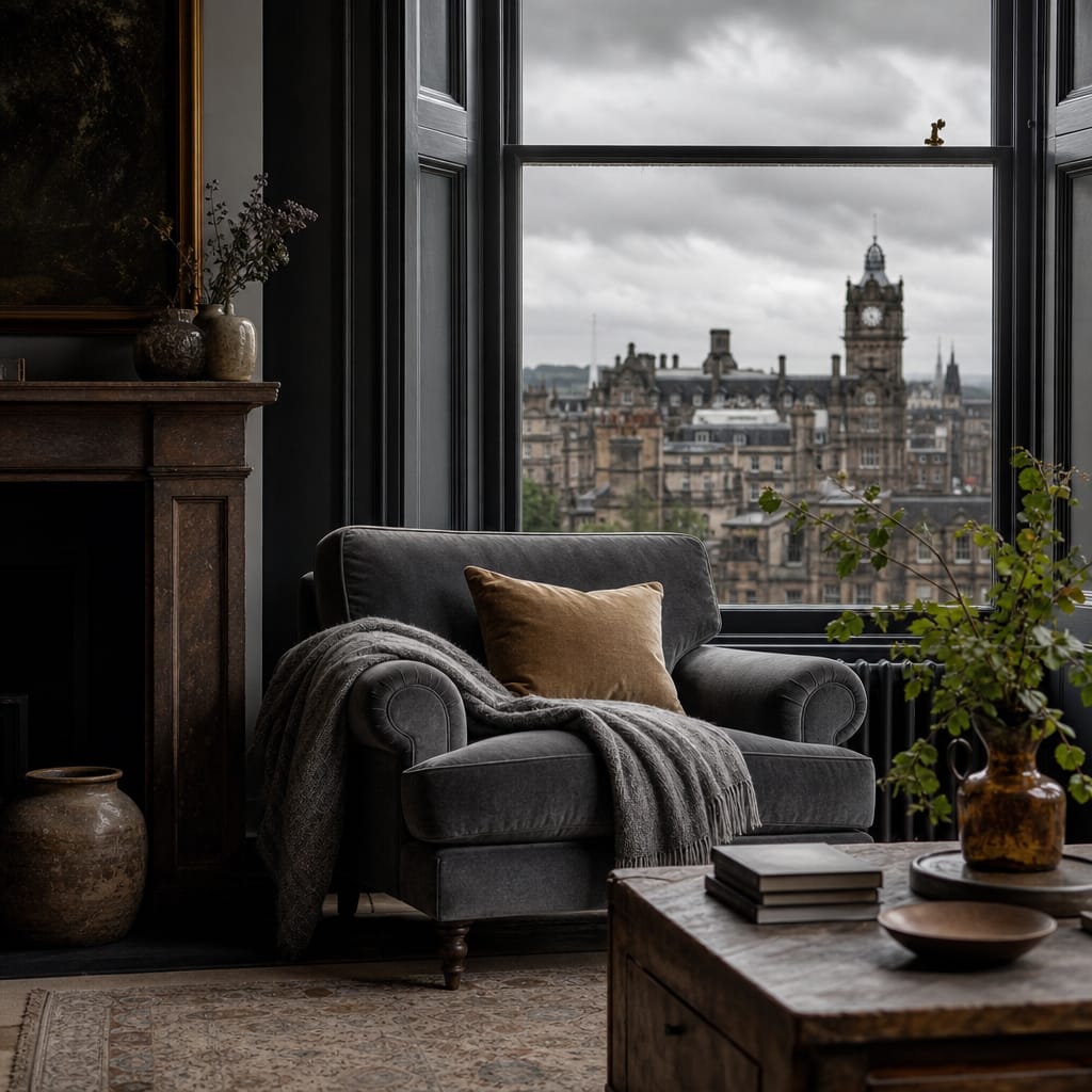 Moody British interior design with gray skies
